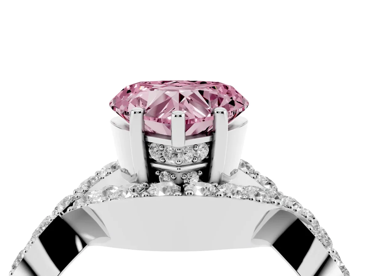 Fancy Pink Heart Cut Solitaire Twist Band Pavé Diamond Engagement Ring Silver