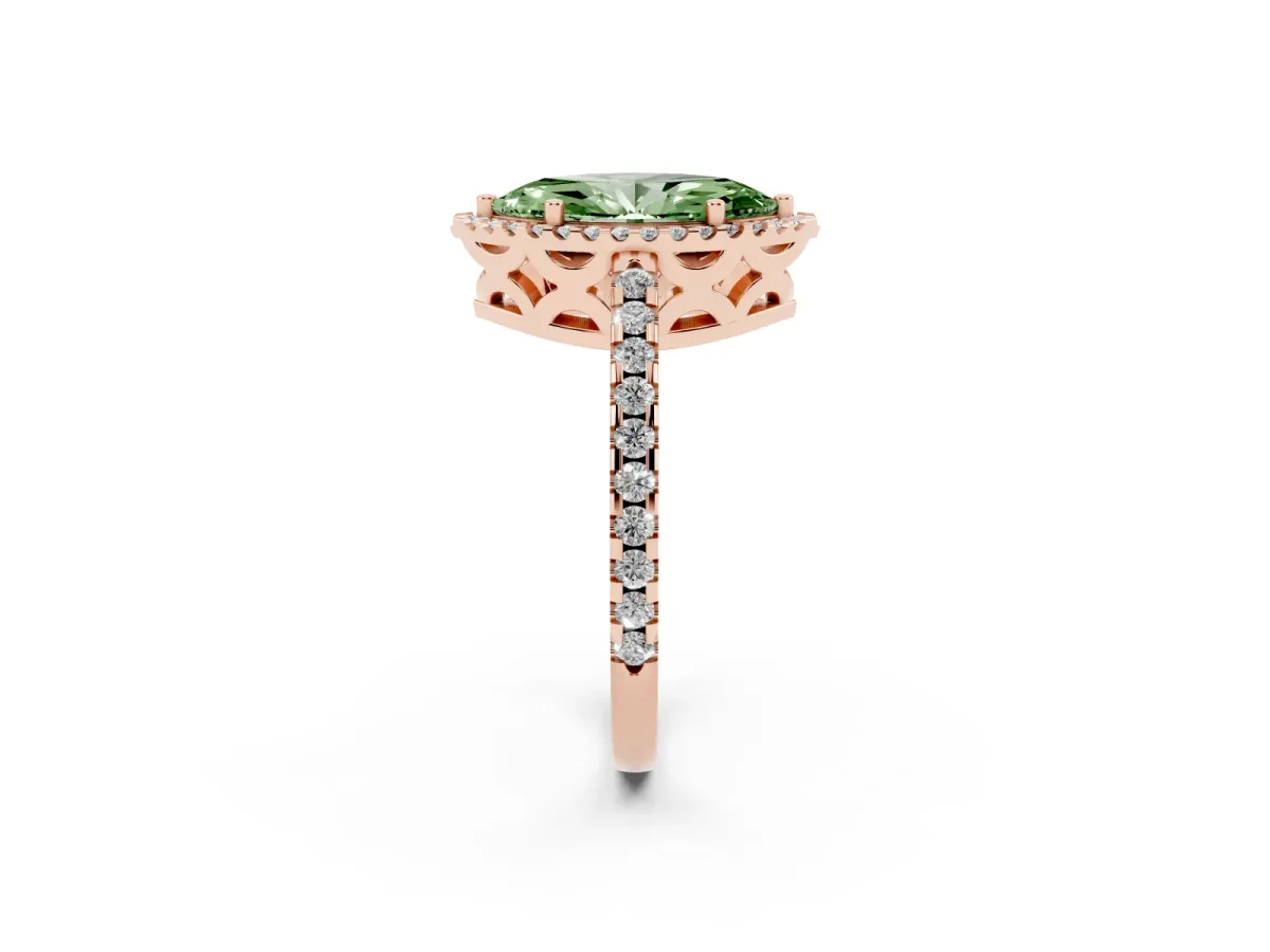 Fancy Green Marquise Cut Diamond Halo Engagement Ring with Pavé Band and Prong Setting Rose gold