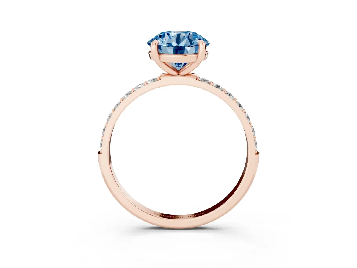 Fancy Blue Round Cut Diamond Solitaire Ring with Round Pavé Band and Prong Setting Rose gold