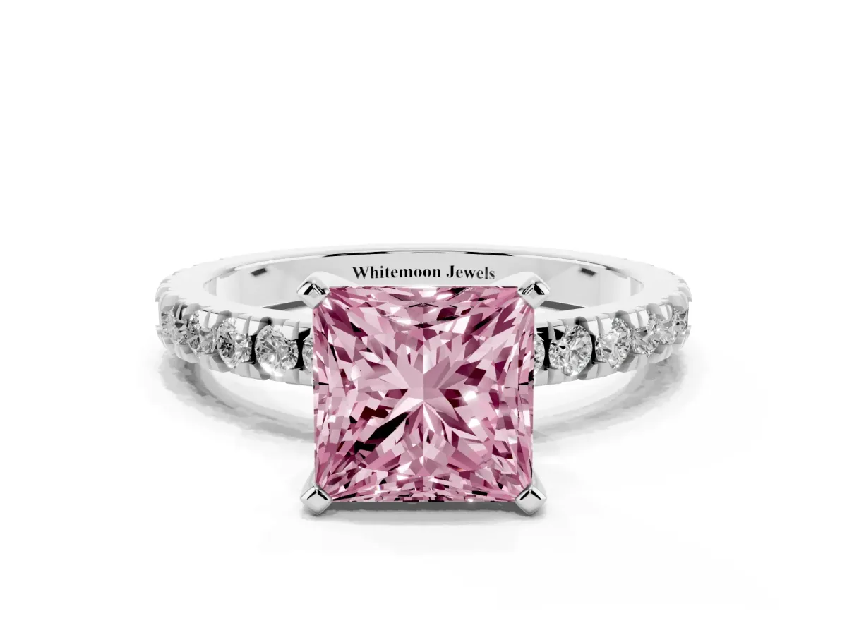Fancy Pink Princess Cut Diamond Pavé Band Solitaire with Four-Prong Setting Silver