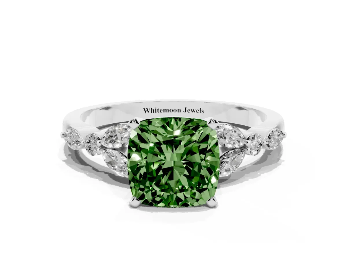 Fancy Green Cushion Cut Diamond Solitaire Ring with Side Stones and Four-Prong Setting Silver