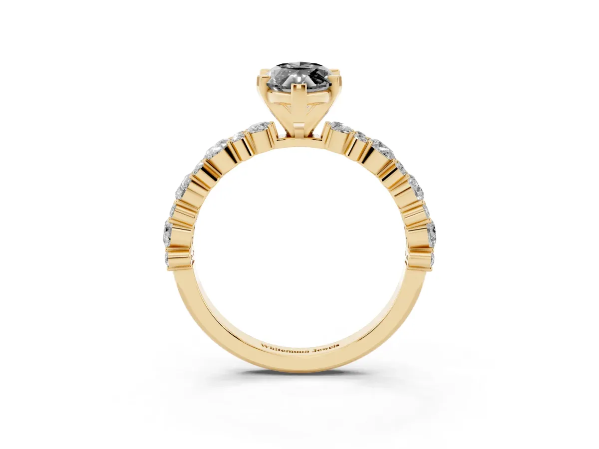 Fancy Black Marquise Cut Diamond Side Stone Solitaire Ring with Round and Four-Prong Setting Yellow gold