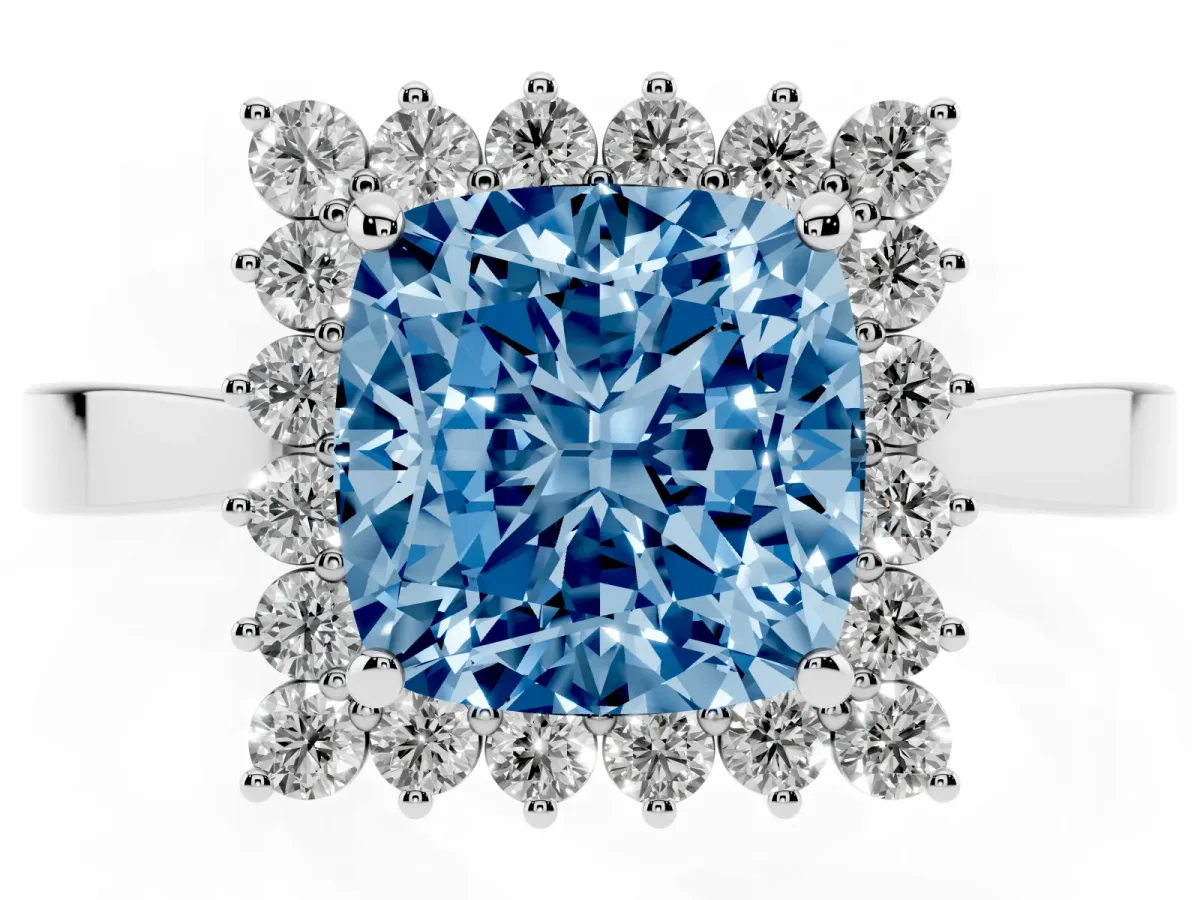 Fancy Blue Cushion Cut Cut Diamond Halo Ring with Round Brilliant Halo and Solitaire Band Silver