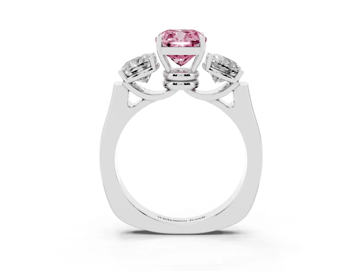 Fancy Pink Three-Stone Cushion Cut Brilliant Diamond Trellis Ring with Comfort Fit Band White gold