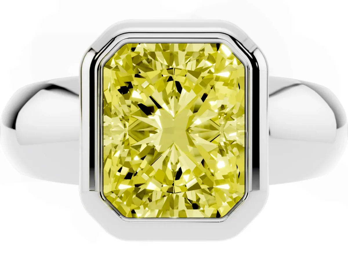 Fancy Yellow Bezel Set Radiant Cut Solitaire Ring with Wide Band Silver