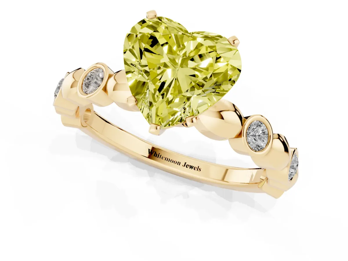 Fancy Yellow Heart Cut Solitaire Bezel-Set Diamond Ring with Beaded Band and Four-Prong Setting Yellow gold
