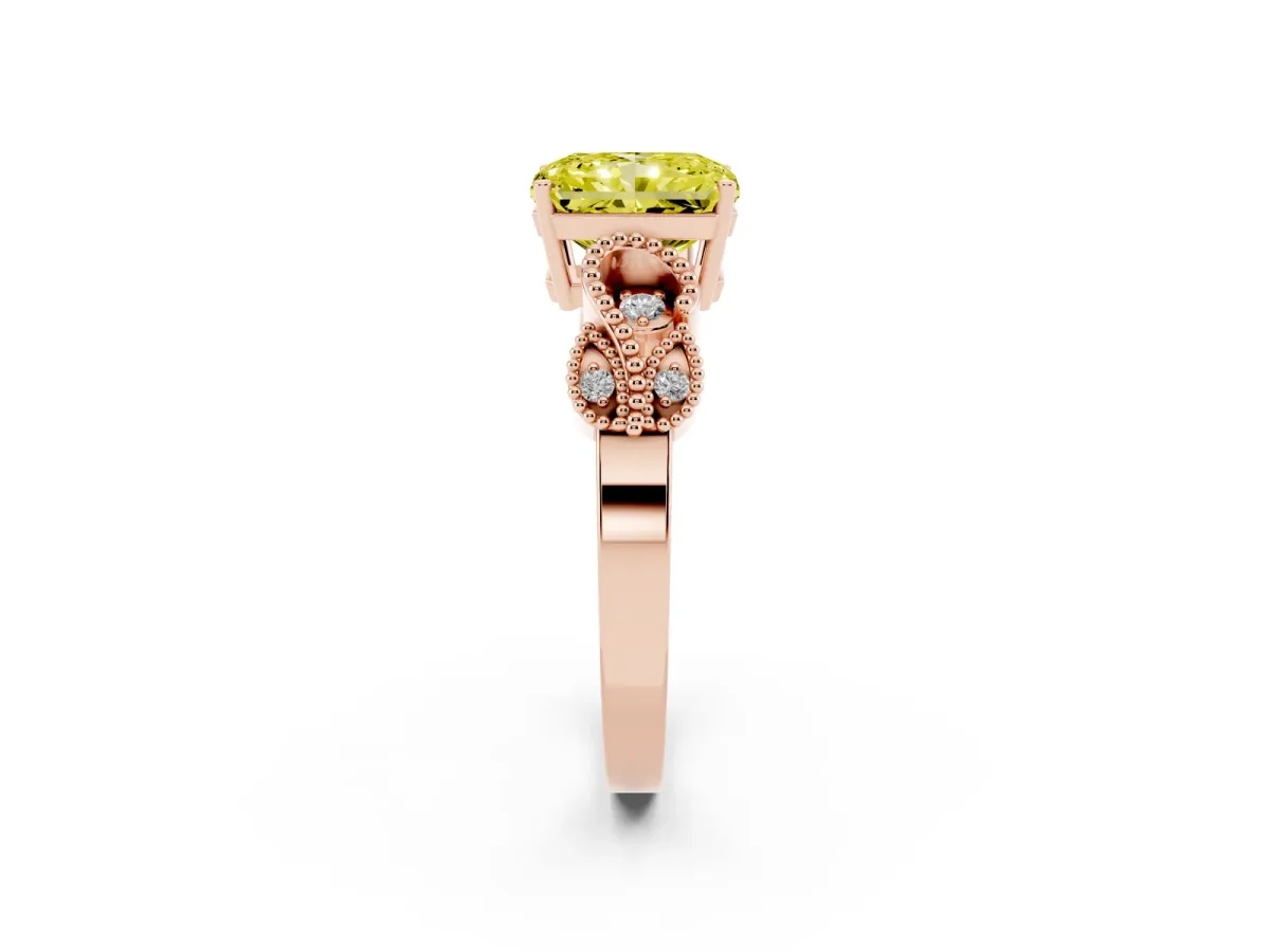 Fancy Yellow Princess Cut Solitaire Milgrain Leaf Band with Prong Setting Rose gold