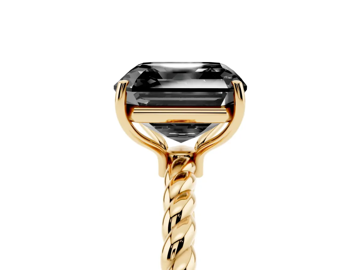 Fancy Black Asscher Cut Solitaire Twisted Band 4-Prong Ring Yellow gold
