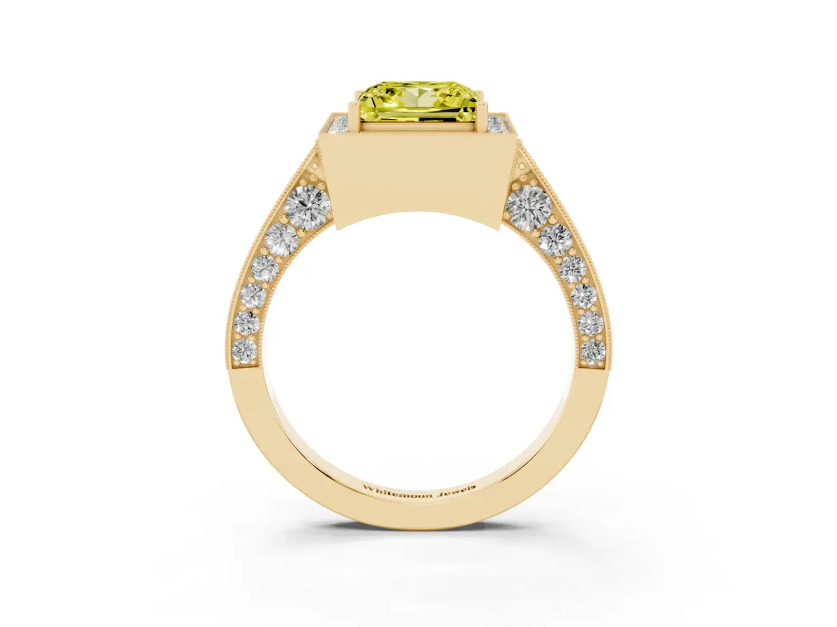 Fancy Yellow Princess Cut Halo Diamond Engagement Ring with Split Shank Band and Four-Prong Setting Yellow gold