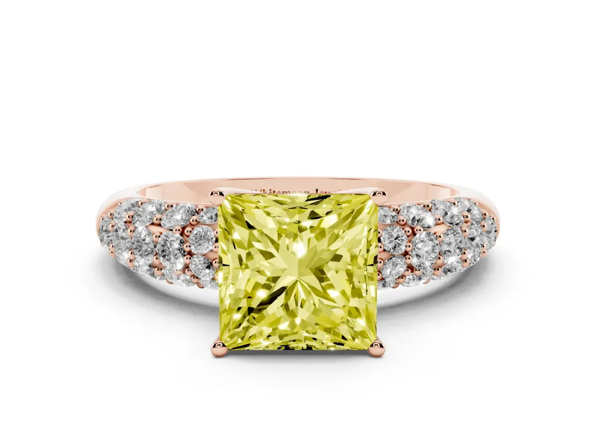 Fancy Yellow Princess Cut Diamond Pavé Band Solitaire Ring with Four-Prong Setting Rose gold