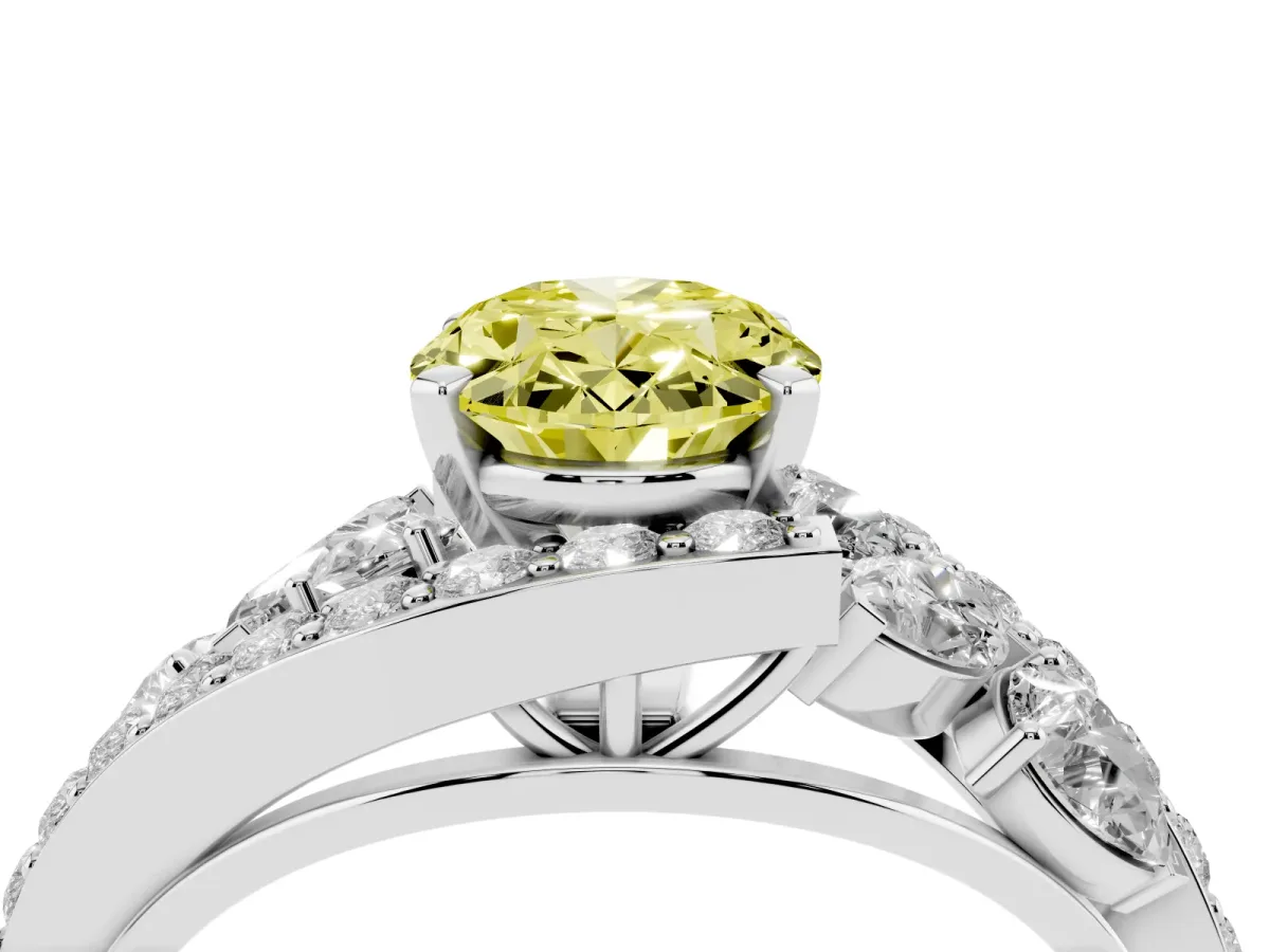Fancy Yellow Oval Cut Diamond Halo Ring with Marquise and Pavé Band in Prong Setting Platinum