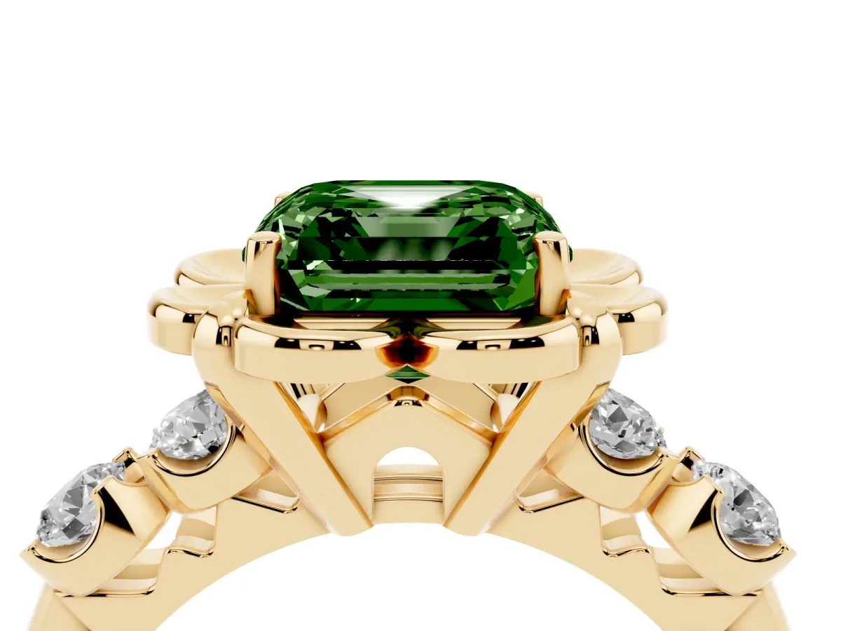 Fancy Green Asscher Cut Cut Diamond Floral Halo Engagement Ring with Shared Prong Setting Yellow gold