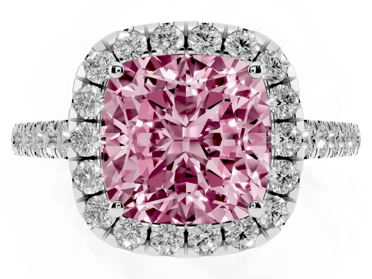 Fancy Pink Cushion Cut Halo Pave Diamond Engagement Ring with Four-Prong Setting Silver