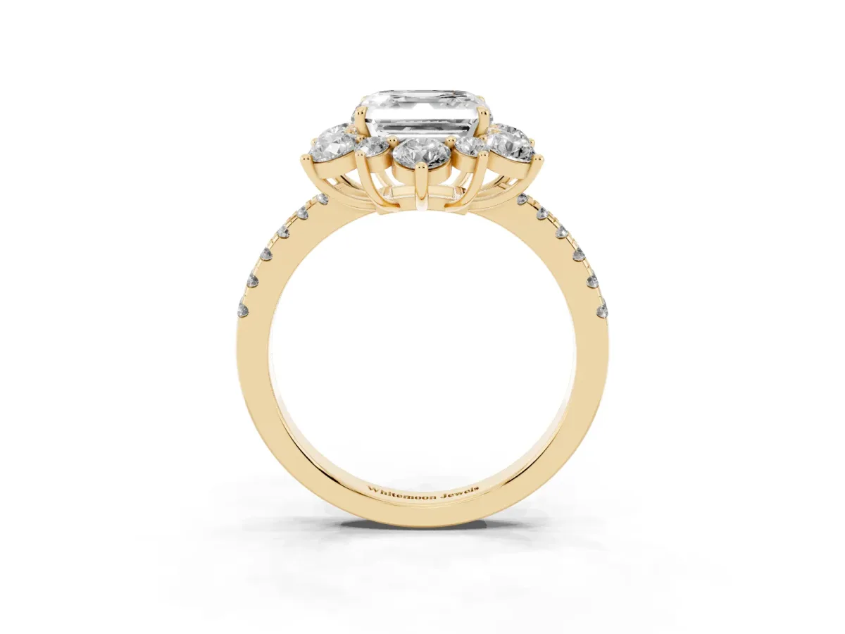 Asscher Cut Diamond Floral Halo Ring with Round Pavé Band and Prong Setting Yellow gold
