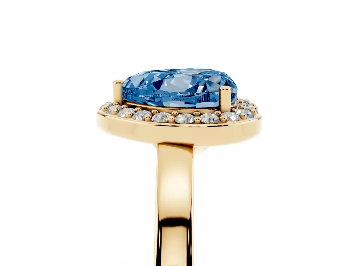 Fancy Blue Heart Cut Halo Diamond Ring with Solitaire Band and Prong Setting Yellow gold