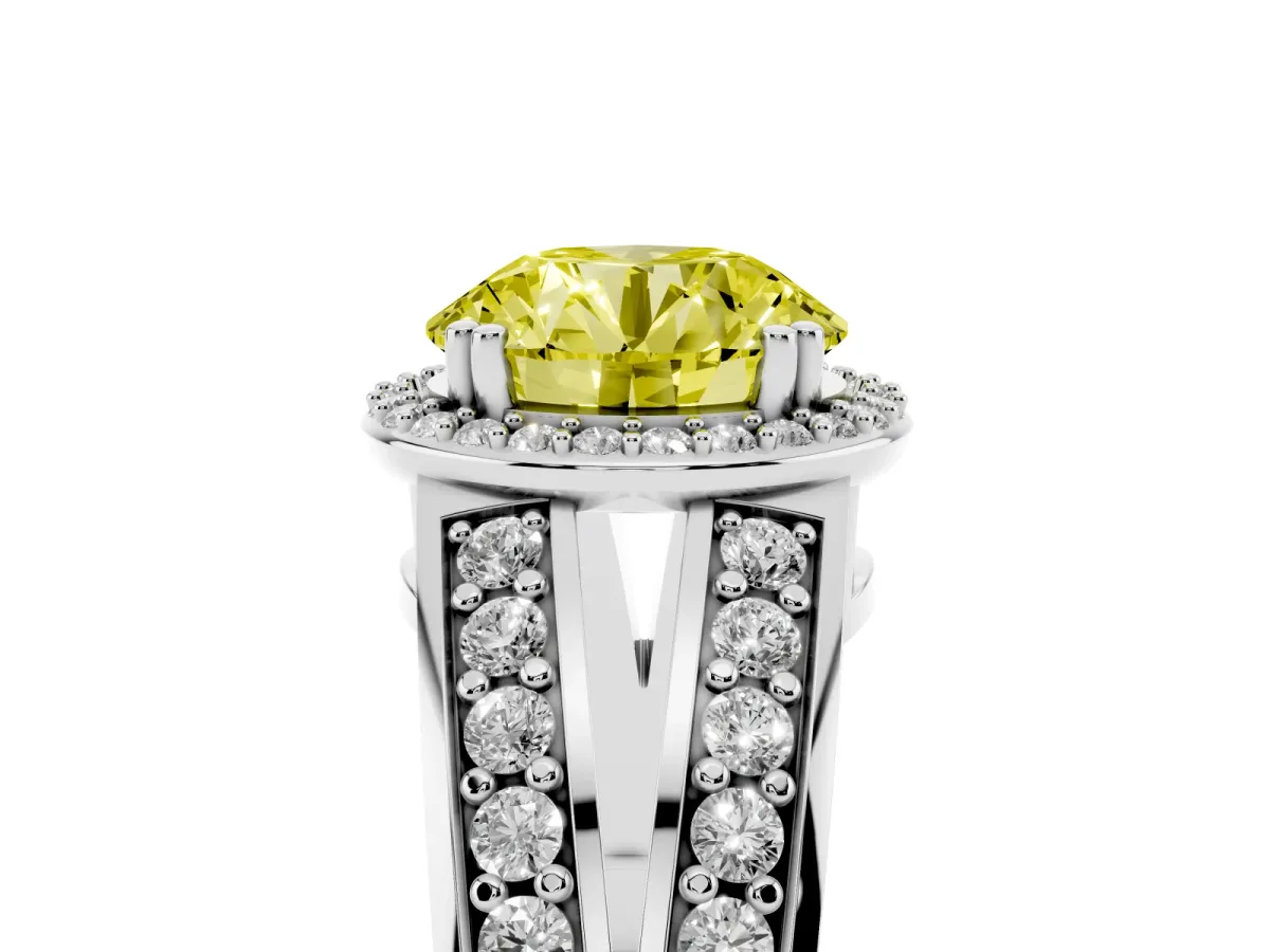 Fancy Yellow Round Cut Diamond Halo Ring with Split Shank Pavé Band and Four-Prong Setting White gold