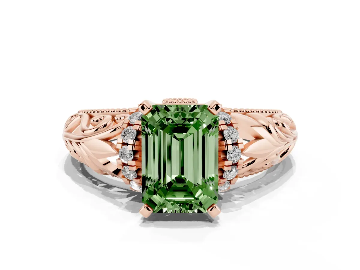 Fancy Green Emerald Cut Solitaire Filigree Engagement Ring with Halo and Prong Setting Rose gold