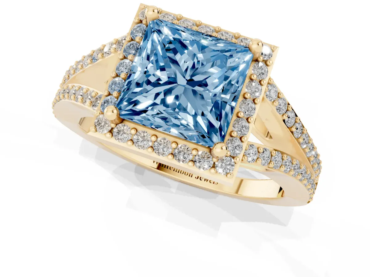 Fancy Blue Princess Cut Halo Split Shank Pave Diamond Ring with Four-Prong Setting Yellow gold