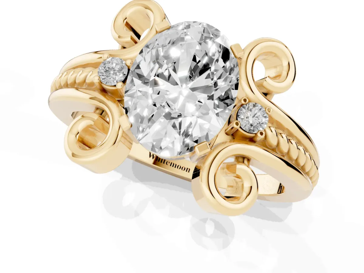 Oval Cut Solitaire Twisted Band Scroll Prong Ring Yellow gold