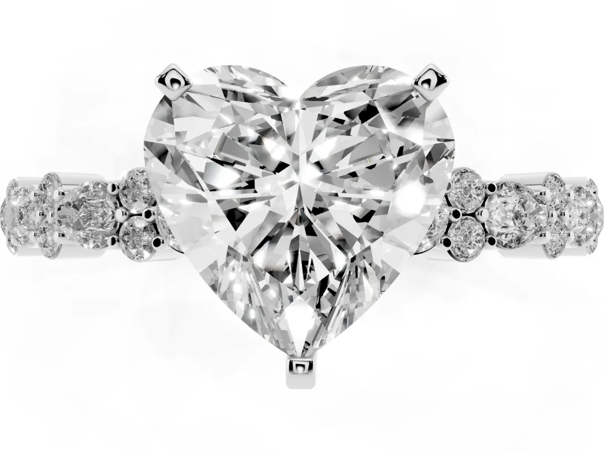 Heart Cut Diamond Side Stone Solitaire Ring with Round and Four-Prong Setting White gold