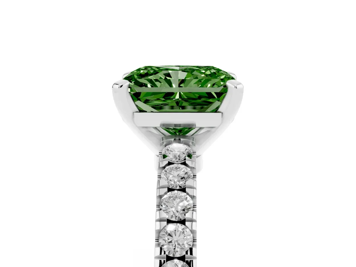 Fancy Green Radiant Cut Solitaire Diamond with Pavé Band and Four-Prong Setting White gold