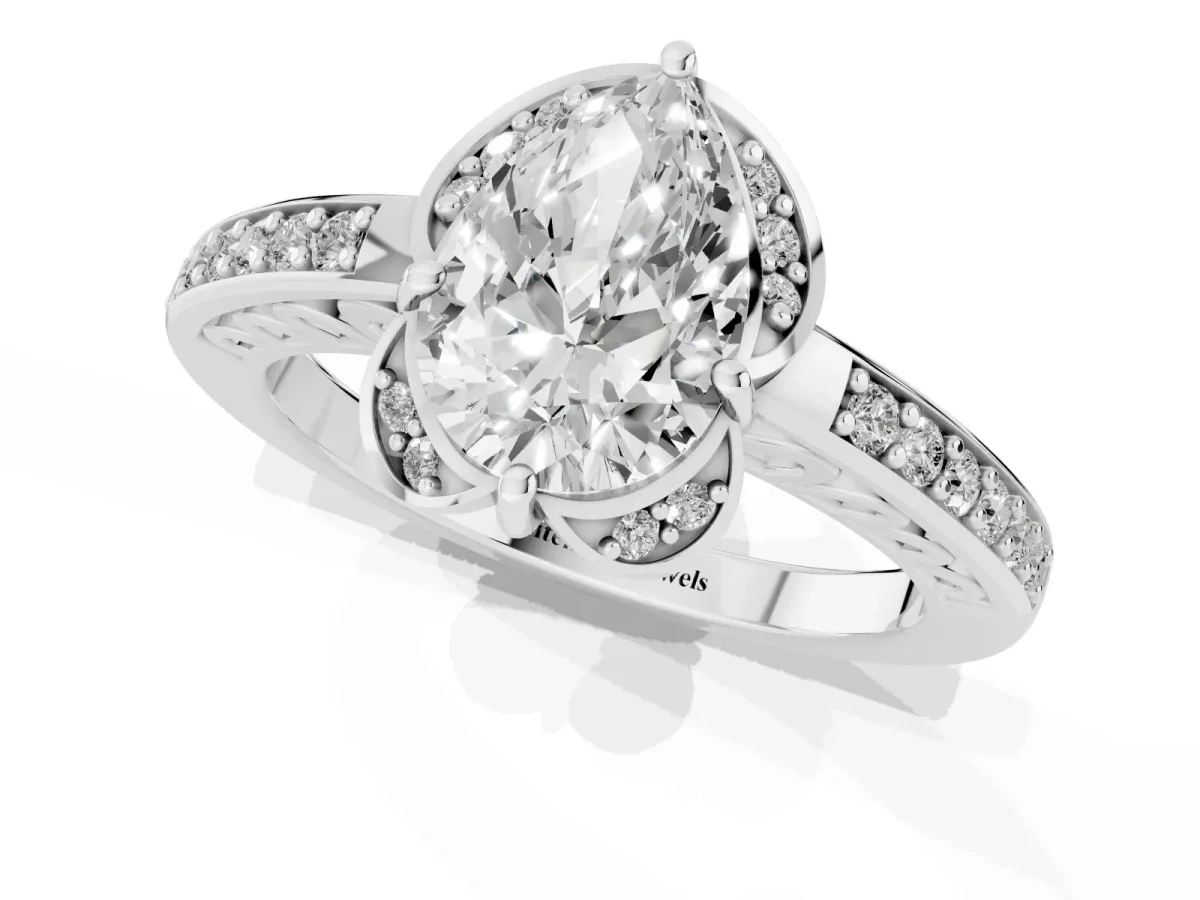 Pear Cut Cut Halo Diamond Ring with Channel Set Band and Four-Prong Setting Silver