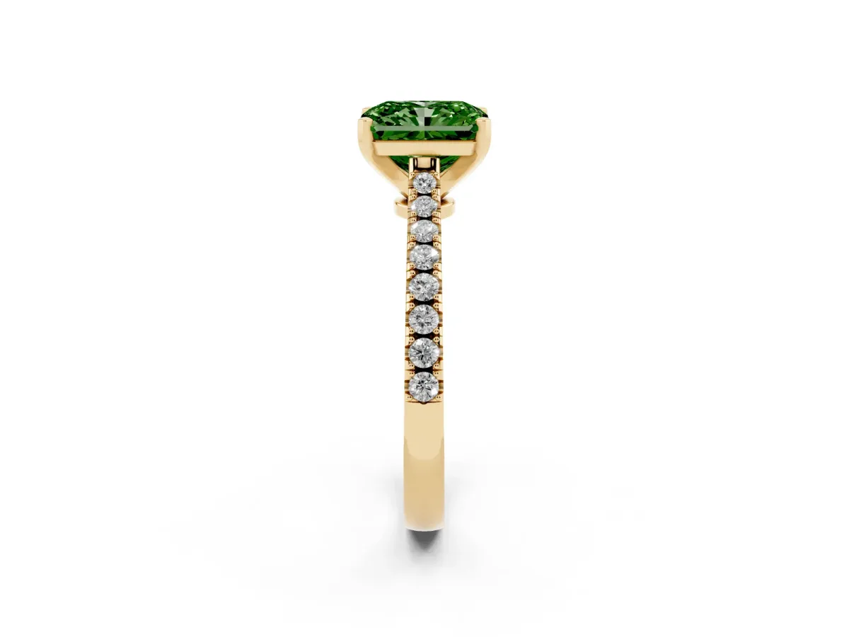 Fancy Green Radiant Cut Cut Solitaire Diamond Engagement Ring with Pave Band and Four-Prong Setting Yellow gold