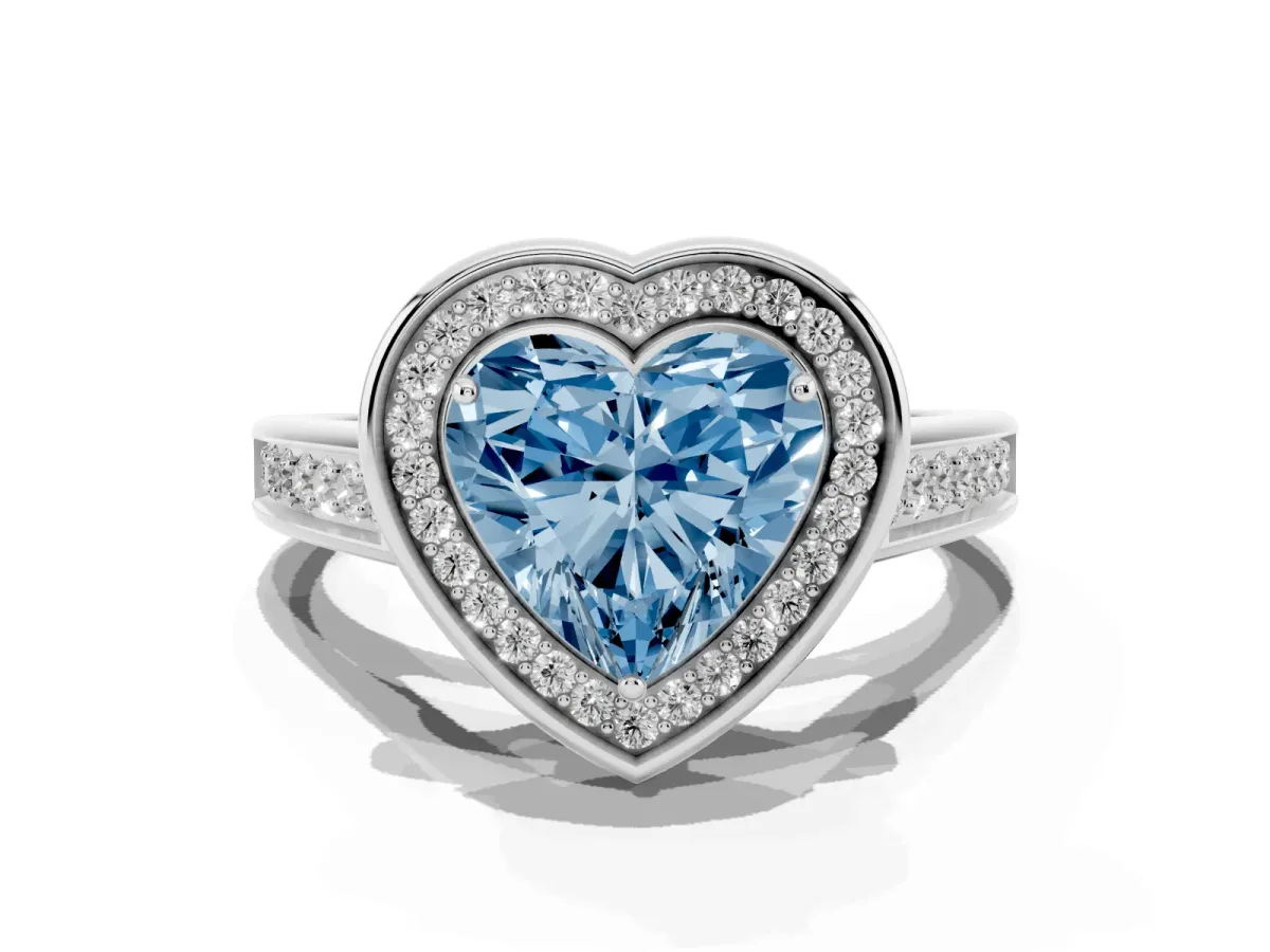 Fancy Blue Heart Cut Halo Solitaire Diamond Ring with Pave Band and Bezel Setting White gold
