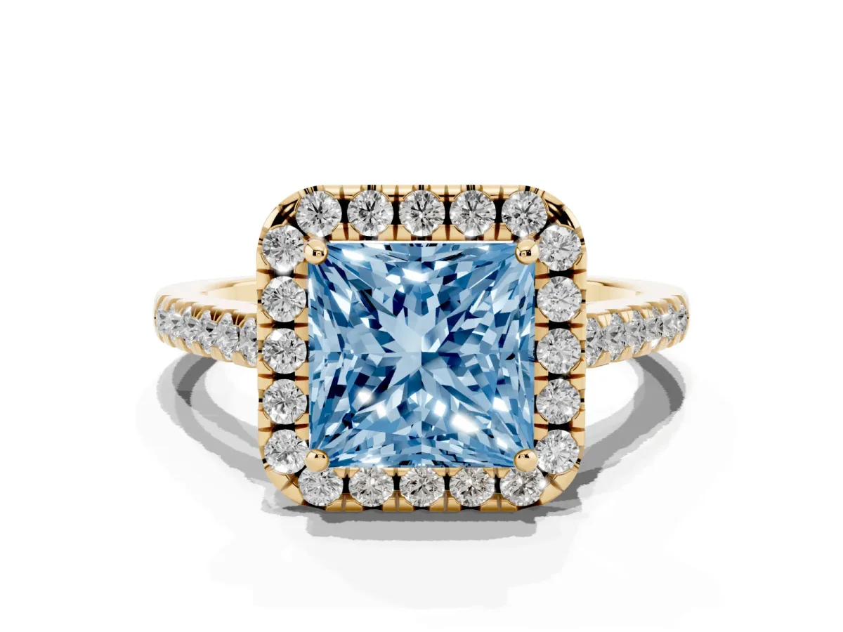 Fancy Blue Princess Cut Halo Pave Diamond Engagement Ring with Four-Prong Setting Yellow gold