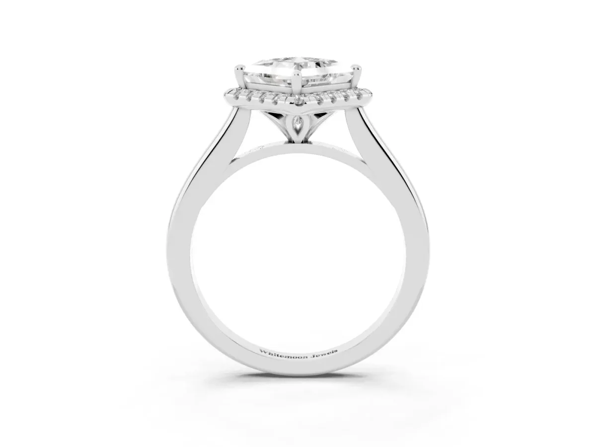Princess Cut Halo Round Diamond Solitaire Engagement Ring with Pave Band and Four-Prong Setting White gold