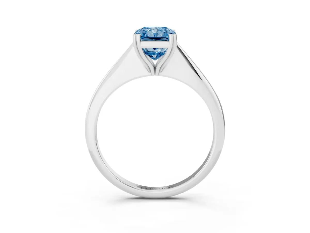 Fancy Blue Radiant Cut Solitaire Diamond Ring with Six-Prong Setting and Classic Band Silver