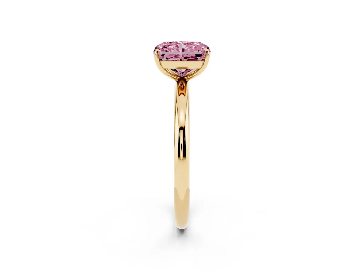 Fancy Pink Radiant Cut Solitaire Diamond Ring with Four-Prong Setting on a Plain Band Yellow gold