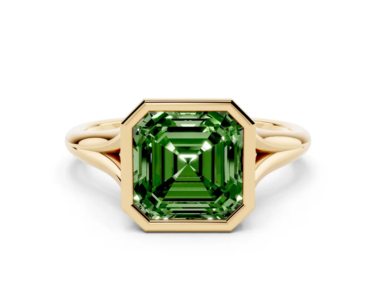 Fancy Green Bezel Set Asscher Cut Cut Solitaire Ring with Tapered Band Yellow gold