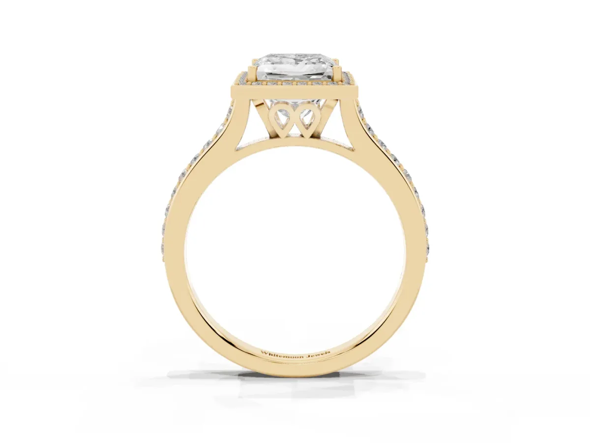 Princess Cut Diamond Halo Engagement Ring with Round Pavé Shoulders and Prong Setting Yellow gold
