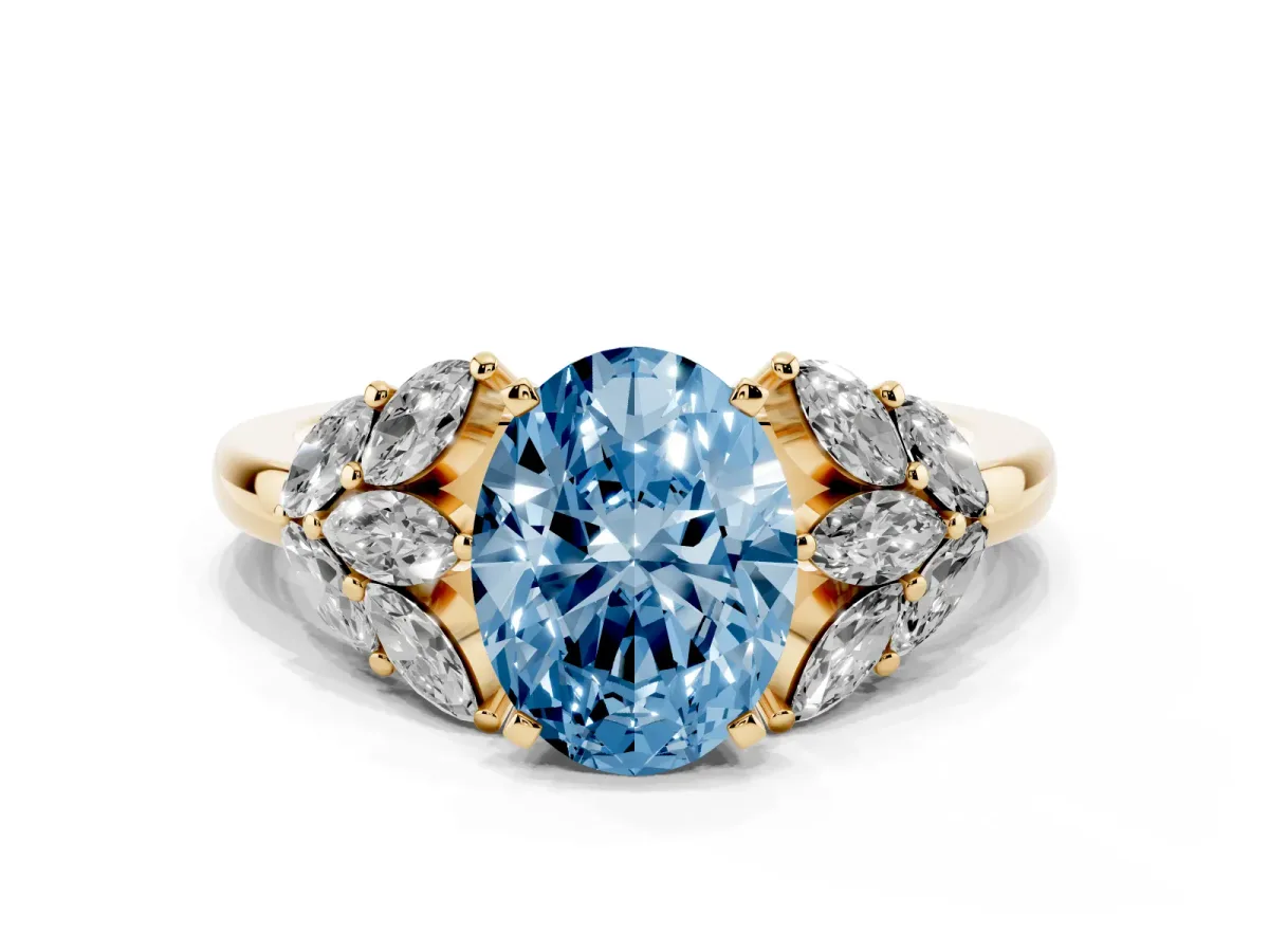 Fancy Blue Oval Cut Diamond Cluster Leaf Design Ring with Prong Setting Yellow gold