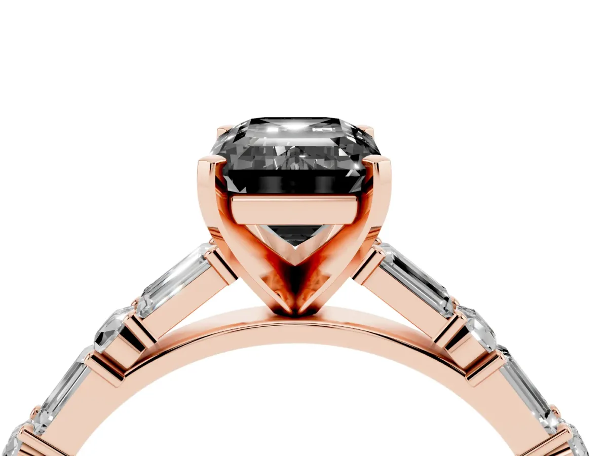 Fancy Black Emerald Cut Diamond Solitaire with Side Baguettes and Channel Set Band Rose gold