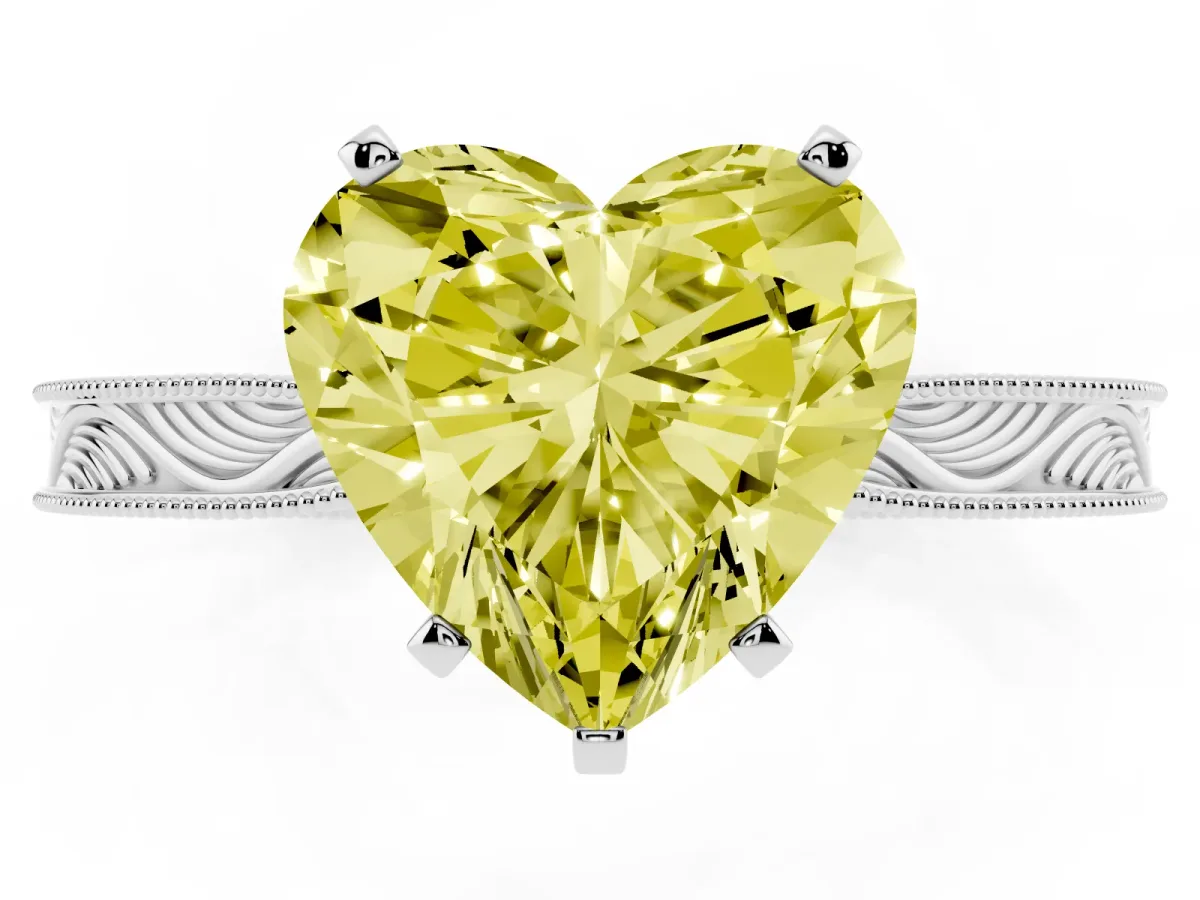 Fancy Yellow Heart Cut Solitaire Milgrain Engraved Band with Four-Prong Setting Silver