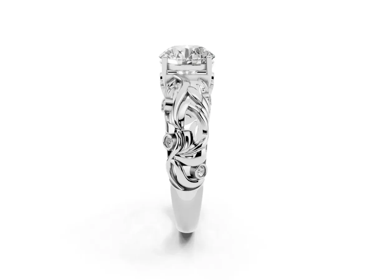Round Cut Solitaire Diamond Leaf-Inspired Vine Band Ring with Prong Setting Platinum