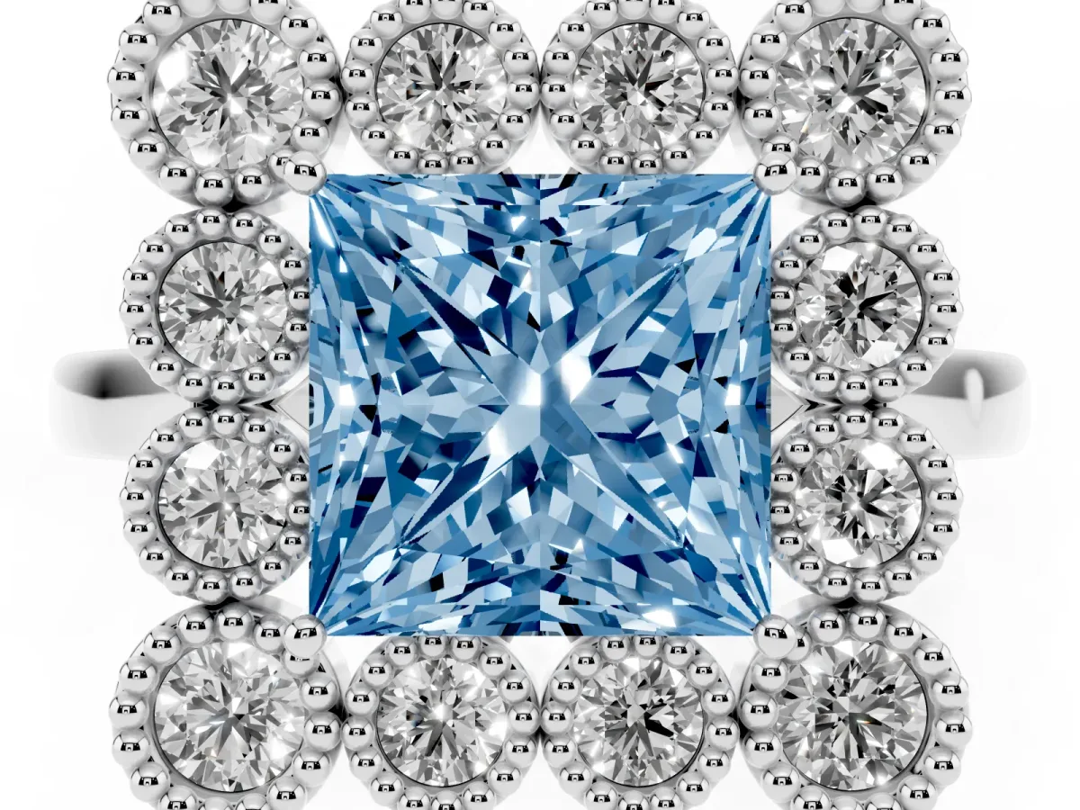 Fancy Blue Princess Cut Halo Diamond Cluster Engagement Ring with Milgrain Bezel Setting and Solitaire Band Silver
