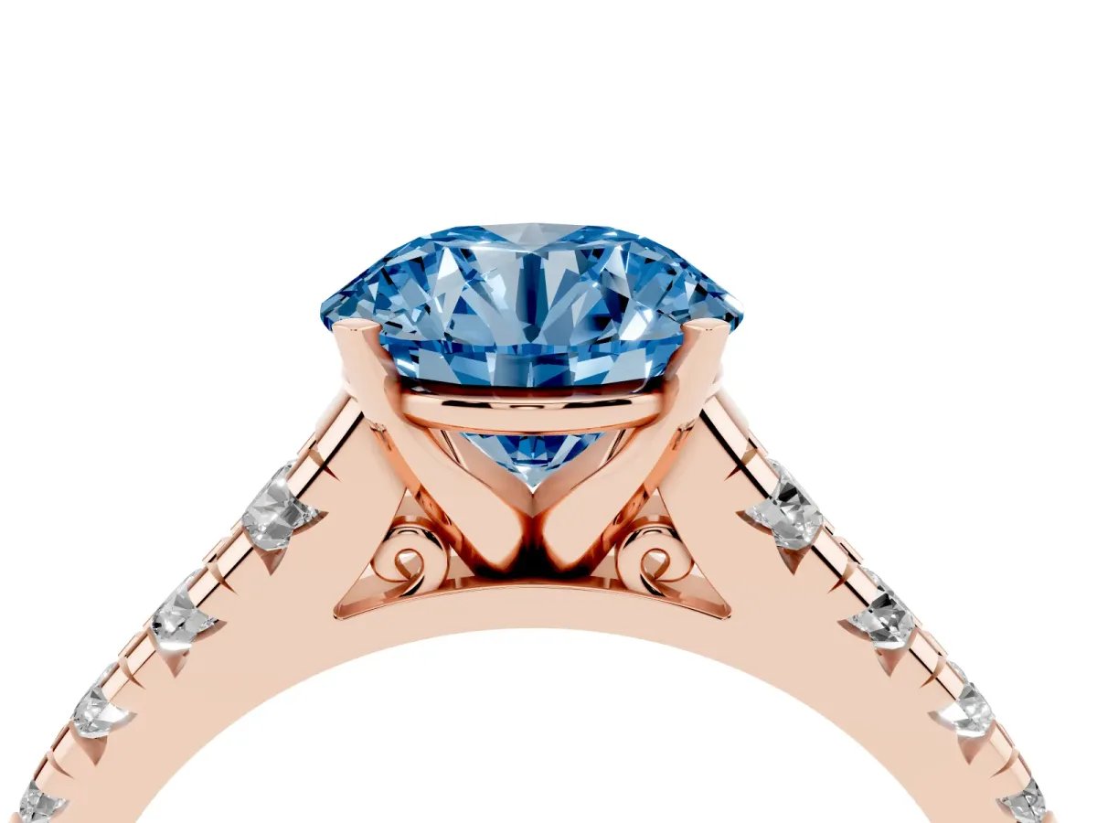 Fancy Blue Round Cut Diamond Cathedral Solitaire Ring with Round Pavé Band Rose gold