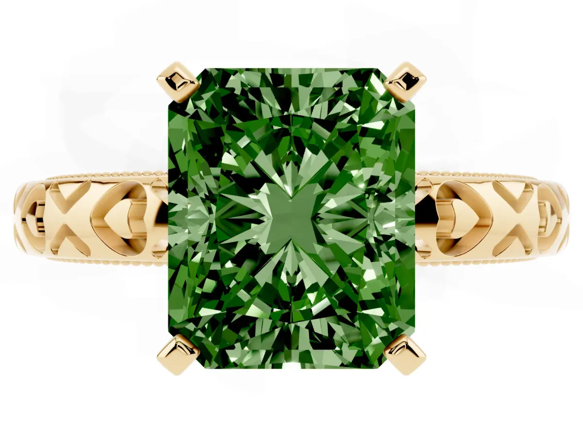 Fancy Green Radiant Cut Solitaire Diamond Engagement Ring with XO Engraved Band and Four-Prong Setting Yellow gold
