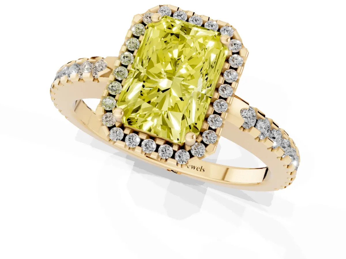 Fancy Yellow Radiant Cut Diamond Halo Engagement Ring with Pavé Band and Prong Setting Yellow gold