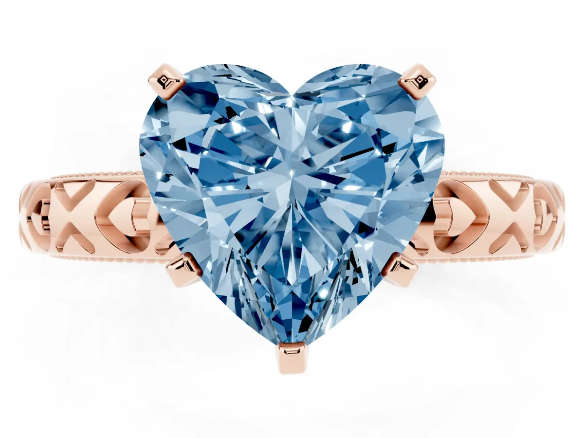 Fancy Blue Heart Cut Solitaire Diamond Engagement Ring with XO Engraved Band and Four-Prong Setting Rose gold