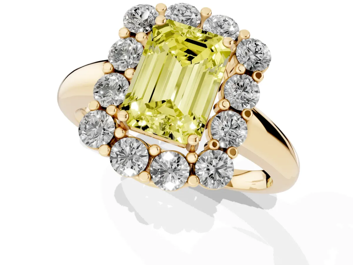 Fancy Yellow Emerald Cut Halo Cluster Diamond Engagement Ring with Prong Setting and Polished Band Yellow gold