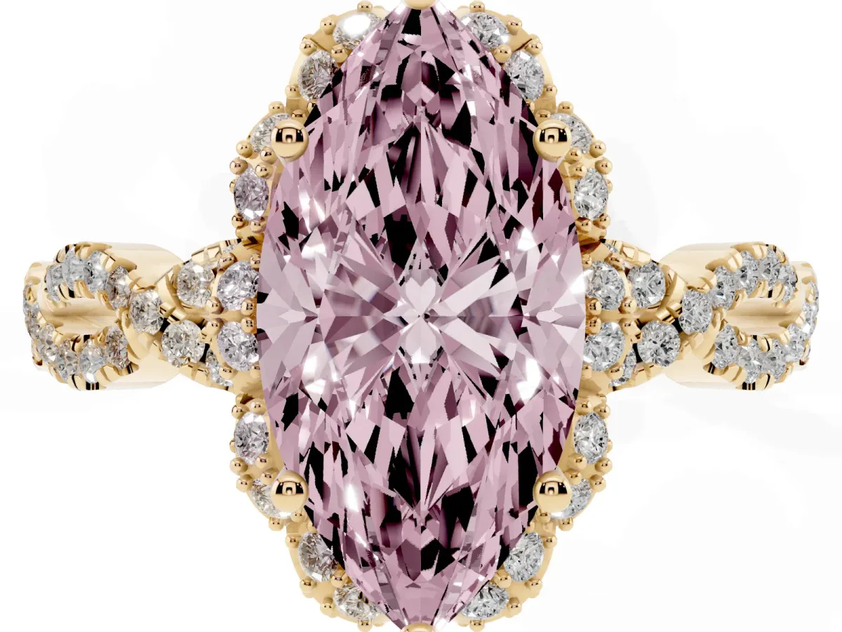 Fancy Pink Marquise Cut Halo Twist Band Solitaire Ring with Six-Prong Setting Yellow gold