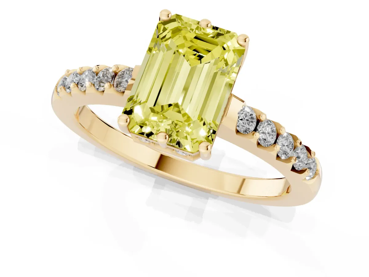 Fancy Yellow Emerald Cut Solitaire Diamond Engagement Ring with Pavé Band and Six-Prong Setting Yellow gold
