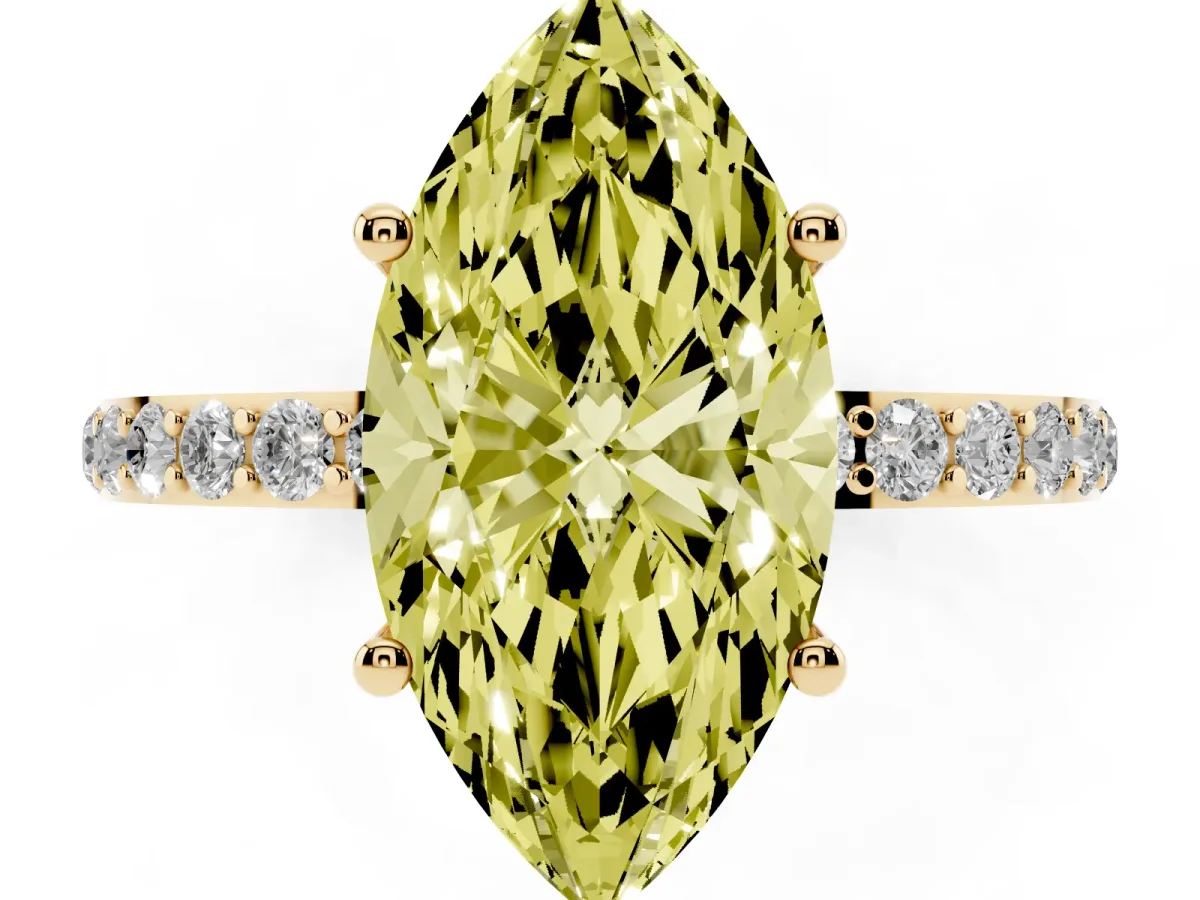 Fancy Yellow Marquise Cut Diamond Solitaire Ring with Round Pavé Shoulders and Prong Setting Yellow gold