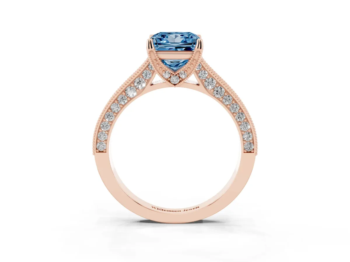 Fancy Blue Princess Cut Cut Diamond Solitaire Ring with Milgrain Pave Band and Four Prong Setting Rose gold