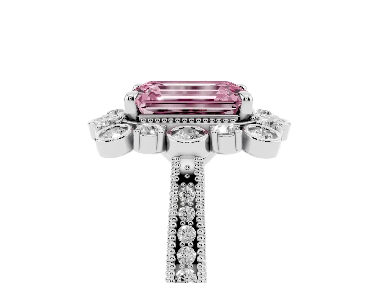 Fancy Pink Emerald Cut Halo Milgrain Pave Diamond Ring with Four-Prong Setting Platinum