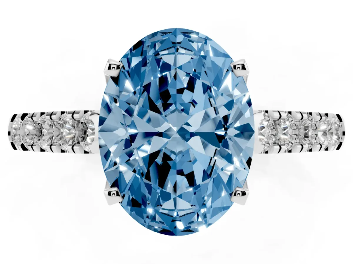 Fancy Blue Oval Cut Diamond Pavé Band Solitaire Ring with Prong Setting Platinum